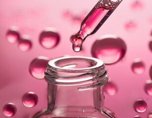 close up of a glass dropper dispensing pink liquid surrounded by rising bubbles against a pink background
