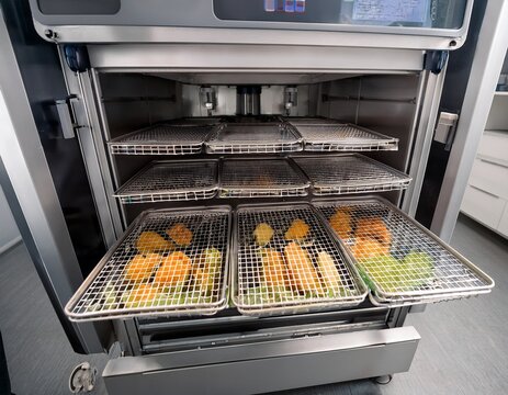 freeze drying machine with multiple trays loaded with food samples for drying process
