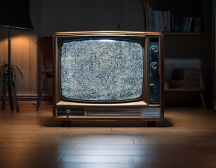 vintage television displaying static the screen glows in the dark illuminating the floor reminiscent of a bygone era