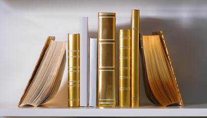 books nestled in modern white metal shelf gold pages gleaming