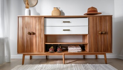 a wooden hall unit stands against a white wall in a bright interior the unit features a combination of shelving drawers and a coat rack