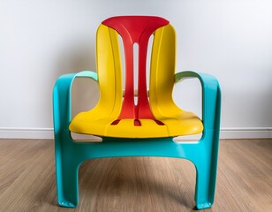 a vibrant colorful plastic chair sits alone against a stark white wall the chair is predominantly yellow with turquoise and red accents on the armrests and legs