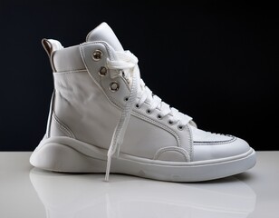a pair of white leather high top sneakers sits on a white surface the sneakers have white laces and a white sole the shoes are positioned in the foreground with a blurred black background