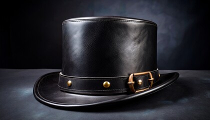 distressed black leather top hat with brass buckles rivets and a wide brim showing a vintage aesthetic