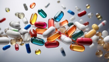 pills floating against gray backdrop assorted colors showcasing the diverse range of capsules a modern minimalist medical representation