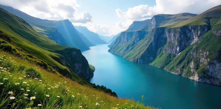 Majestic Lysefjord in Norway, dramatic cliffs, turquoise water, stunning landscape, perfect for travel brochures or nature documentaries , adventure, sky