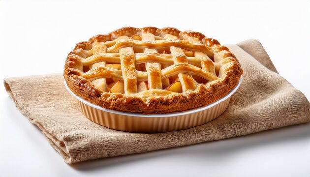 a golden brown apple pie with a lattice crust rests on a beige linen napkin isolated on a white background