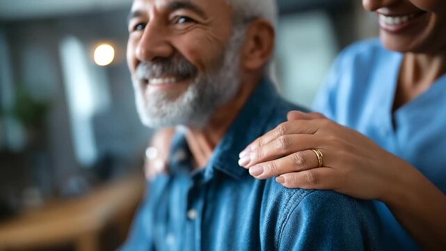 Smiling caregiver assisting disabled elderly man with daily activities hands supporting movement torsos home environment compassionate support faceless no visible faces