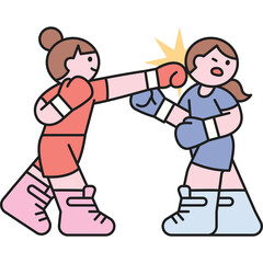 Two young women in boxing attire engage in a match with one landing a punch to the other's head with a yellow starburst effect signifying impact against a clean white background highlighting their