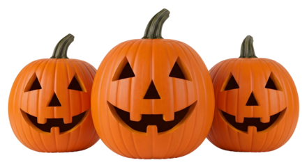 Three glowing carved orange pumpkins with cheerful faces isolated on transparent PNG background
