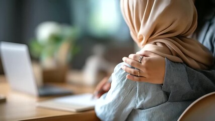 Teacher helping female student wearing hijab during lesson respectful angle from behind tablet and notebook in focus inclusive classroom faceless no visible faces educational