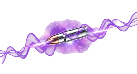 Metallic Bullet, with Swirling Purple Energy and Cosmic Nebula Effect, isolated on a transparent background, cutout, PNG