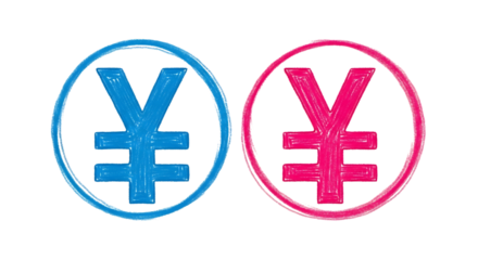 Two Yen Symbols, One Blue One Pink Hand Drawn Style, isolated on a transparent background, cutout, PNG