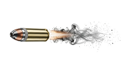 A single brass bullet, with a copper tip firing with smoke and debris, isolated on a transparent background, cutout, PNG