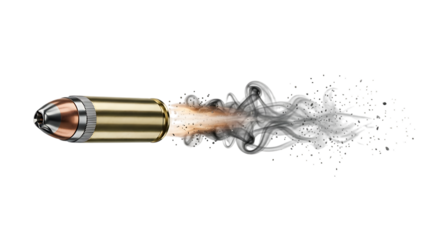A single brass bullet, with a copper tip firing with smoke and debris, isolated on a transparent background, cutout, PNG