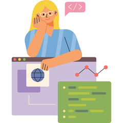 Woman Wearing Glasses Thinking About Coding and Data Analysis on a Transparent Background