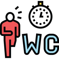 Running man icon in red next to stopwatch and WC letters symbolizing urgency and time pressure for toilet use with flat design and transparent background