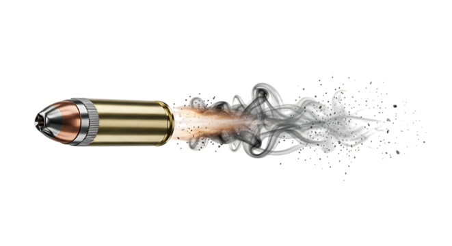 A single brass bullet, with a copper tip firing with smoke and debris, isolated on a transparent background, cutout, PNG