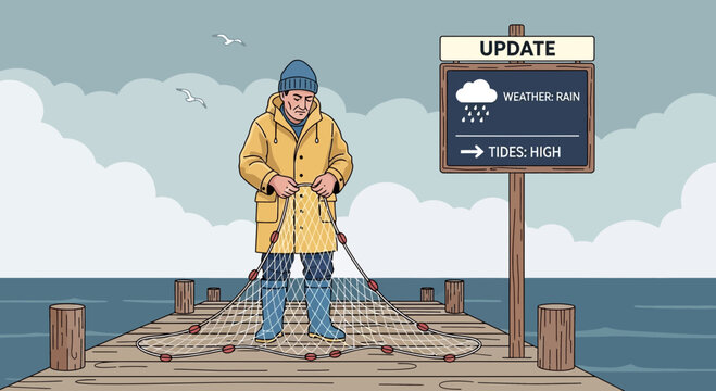Fisherman mending net on pier, updated weather and tide forecast anticipation