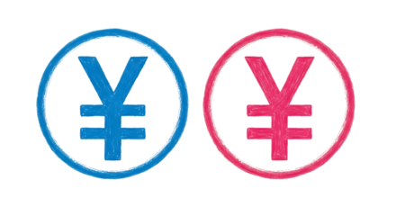 Two Yen Currency Symbols, One Blue One Pink Drawn with Chalk Texture, isolated on a transparent background, cutout, PNG