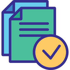 Two Green Documents with Blue Lines and a Yellow Check Mark Circle Symbol on Transparent Background Represents Approved or Completed Task Confirmation or Agreement Icon