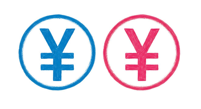 Two Yen Currency Symbols, One Blue One Pink Drawn with Chalk Texture, isolated on a transparent background, cutout, PNG