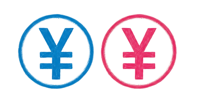 Two Yen Currency Symbols, One Blue One Pink Drawn with Chalk Texture, isolated on a transparent background, cutout, PNG - Powered by Adobe