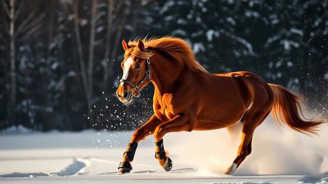 A powerful chestnut horse wearing leg wraps gallops dynamically through deep white snow, kicking up frosty particles under warm golden hour light in a winter forest.