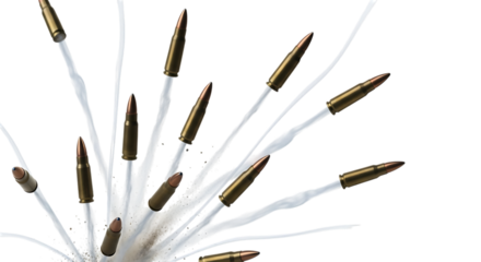 Multiple rifle bullets, exploding outwards with white smoke trails, isolated on a transparent background, cutout, PNG