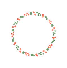 Round frame with seamless pattern of fitness accessories in colorful style. Circular border includes gym equipment like dumbbells, bottles, and gloves. Ideal for exercise and sport concepts, this