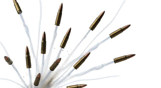 Multiple rifle bullets, exploding outwards with white smoke trails, isolated on a transparent background, cutout, PNG