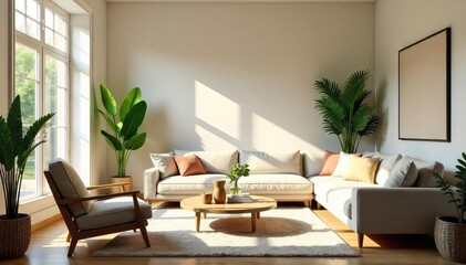 Fototapeta premium Sun-drenched living room with plush furniture, plants, and natural light streaming through large windows A scene of calm and sophisticated elegance , light, house