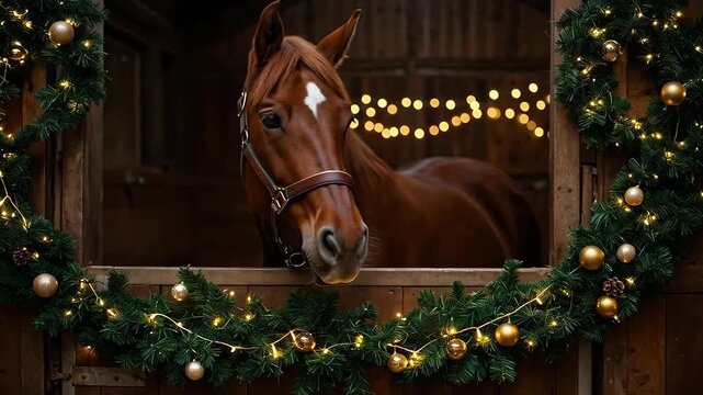 A majestic brown horse with a white blaze peers from a rustic stable opening adorned with festive green garlands, golden ornaments, and twinkling Christmas lights.
