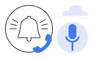 Notification bell emitting sound with a phone receiver, alongside a microphone and cloud symbol. Ideal for communication, alerts, calls, audio recording, messaging, customer service, reminders