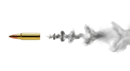 Golden bullet projectile, leaving a trail of smoke against a dark void, isolated on a transparent background, cutout, PNG
