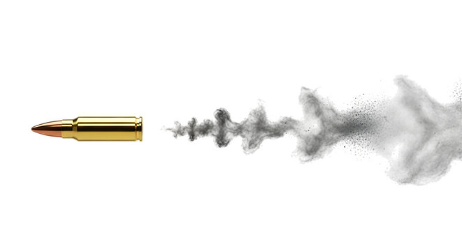 Golden bullet projectile, leaving a trail of smoke against a dark void, isolated on a transparent background, cutout, PNG