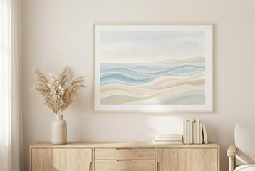 Neutral Coastal Interior with Abstract Seascape Artwork create with ai