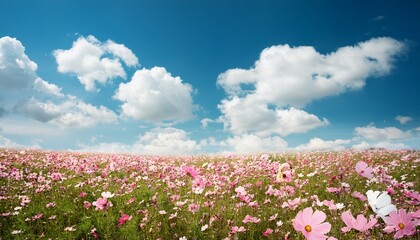Obraz premium Dreamy Flower Field With Fluffy Clouds