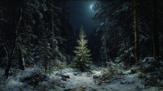 A brightly lit Christmas tree in a snowy forest scene under the moonlight, winter wonderland landscape painting