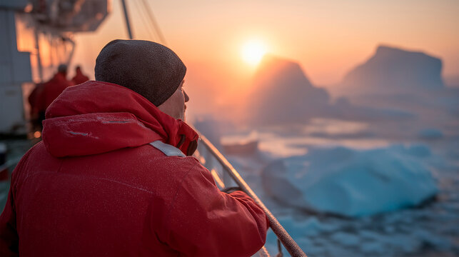 Explorer in red parka standing on ship deck observing icy Arctic landscape and glowing sunset, symbol of adventure, solitude and climate awareness journey. - Powered by Adobe