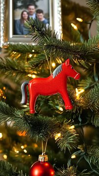 A person's hands carefully place a traditional red Dala horse ornament onto a beautifully lit Christmas tree, surrounded by other festive decorations in a cozy home setting.