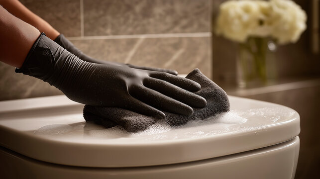 Close-up of black rubber-gloved hands wiping a toilet seat with foam, showing hygiene, sanitation and careful domestic cleaning routine in a modern bathroom. - Powered by Adobe