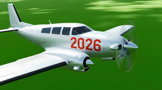 Silver plane with red 2026 on its side flying against a green background featuring a spinning propeller