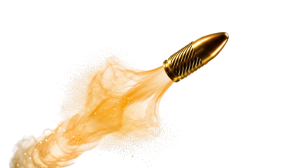 Golden Bullet, Firing Orange Liquid Splash with Glitter Particles, isolated on a transparent background, cutout, PNG