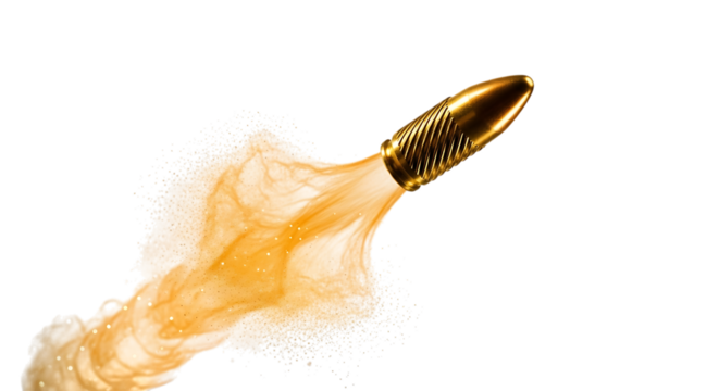Golden Bullet, Firing Orange Liquid Splash with Glitter Particles, isolated on a transparent background, cutout, PNG