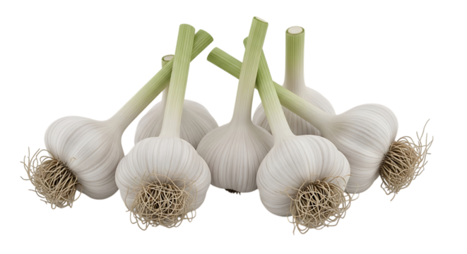 Group of Fresh White Garlic Bulbs, with Green Stems and Visible Roots, isolated on a transparent background, cutout, PNG