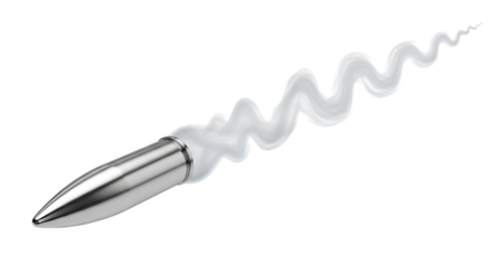 Silver bullet, with white swirling smoke trail, isolated on a transparent background, cutout, PNG