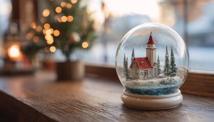 Glass sphere containing a miniature winter scene rests upon a wooden surface near festive lights.