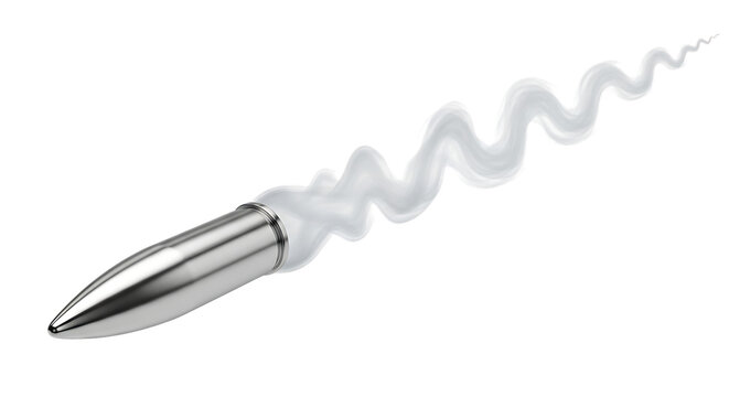 Silver bullet, with white swirling smoke trail, isolated on a transparent background, cutout, PNG