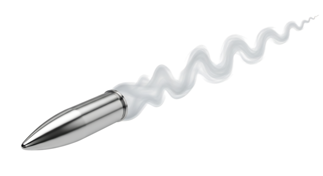 Silver bullet, with white swirling smoke trail, isolated on a transparent background, cutout, PNG